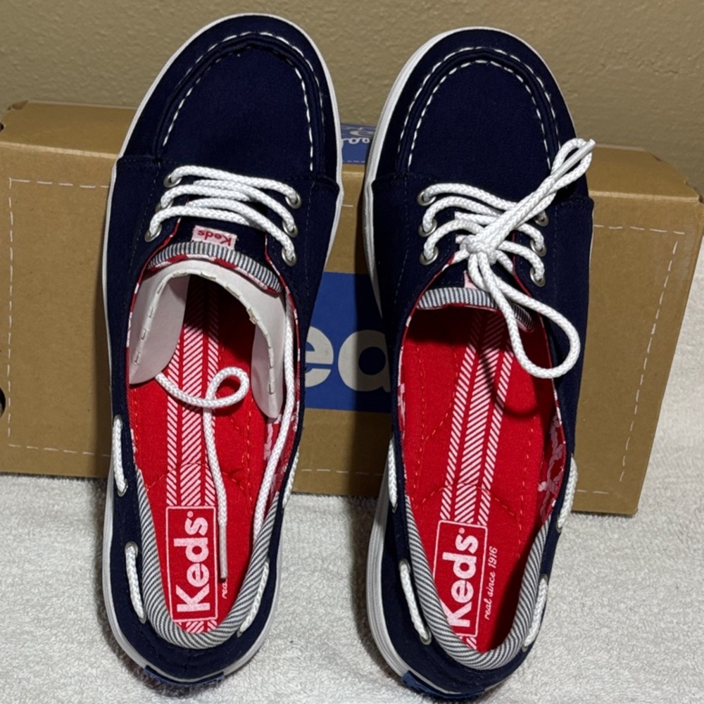 Keds Navy Canvas Boat Shoes with Red Insoles